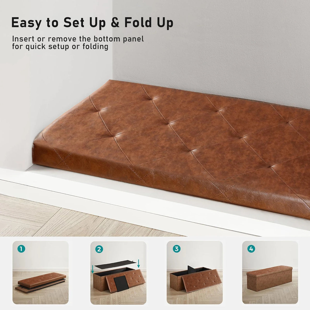 Tufted Faux Leather Folding Storage Bench 400 Pound Capacity