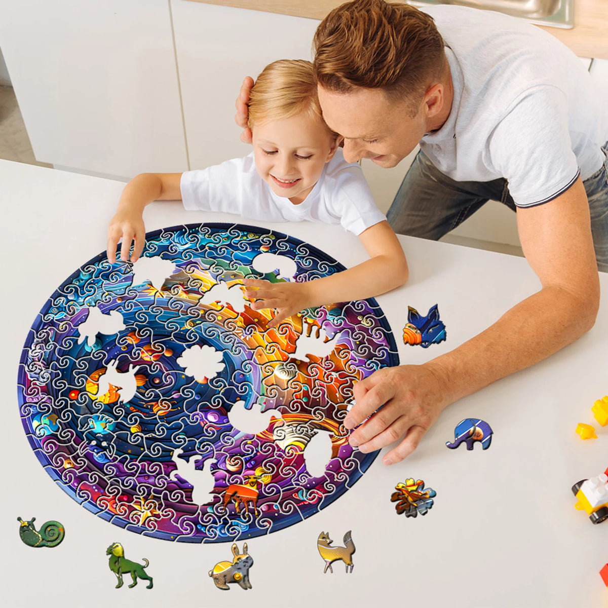 Round Wooden Galaxy Jigsaw Puzzle With Whimsical Animals