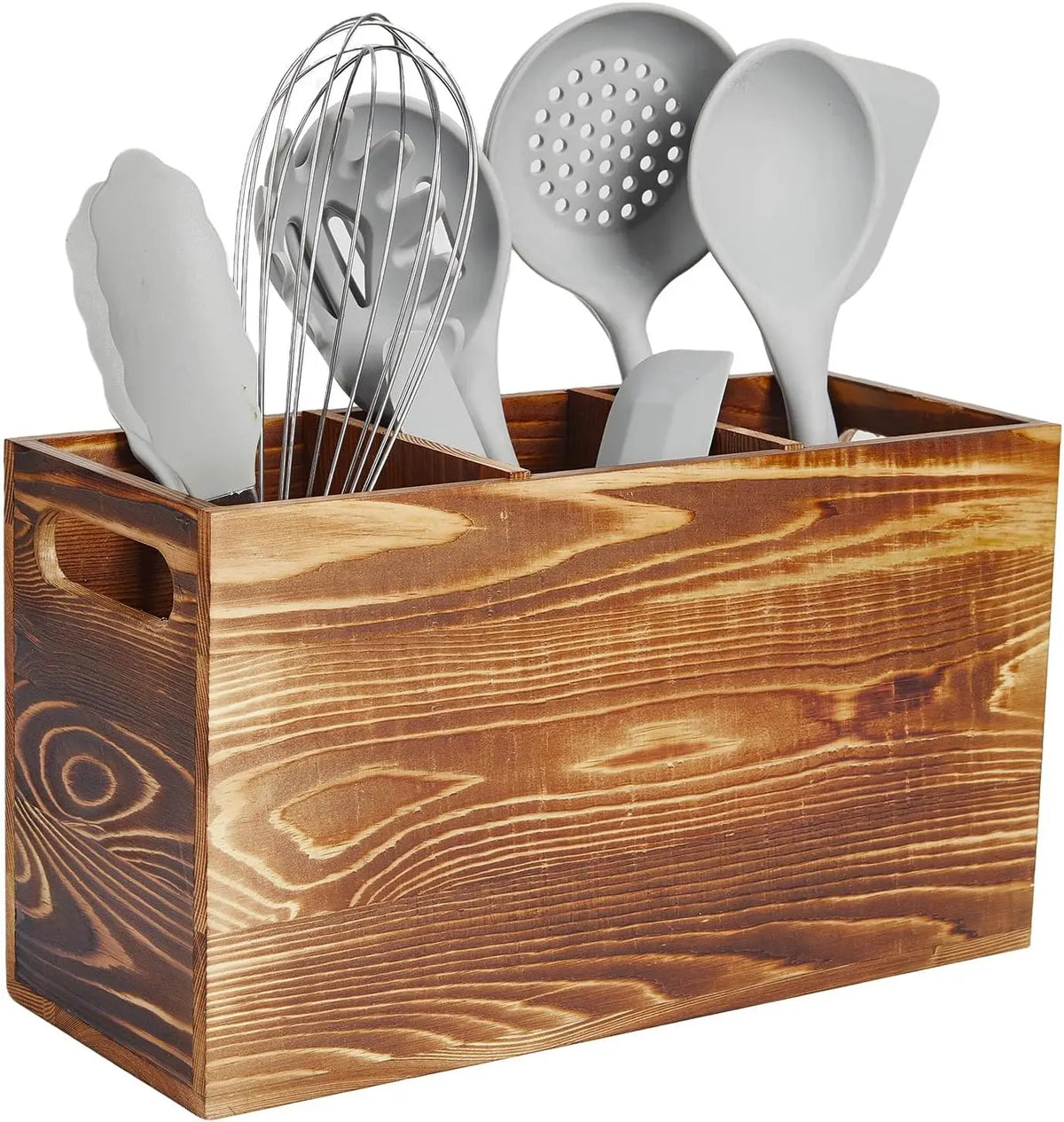 Garvee Rustic Pine Utensil Holder Caddy Three Compartment