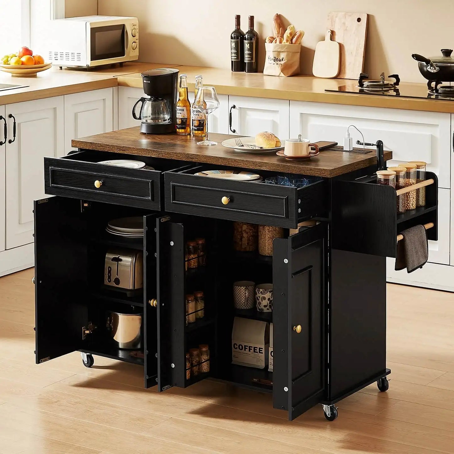 Wooden Rolling Kitchen Island With Drop Leaf Storage