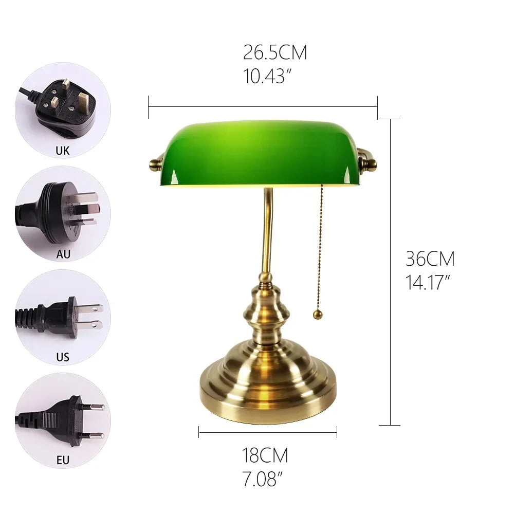 Classic Glass Iron Banker Desk Lamp With Zipper Switch