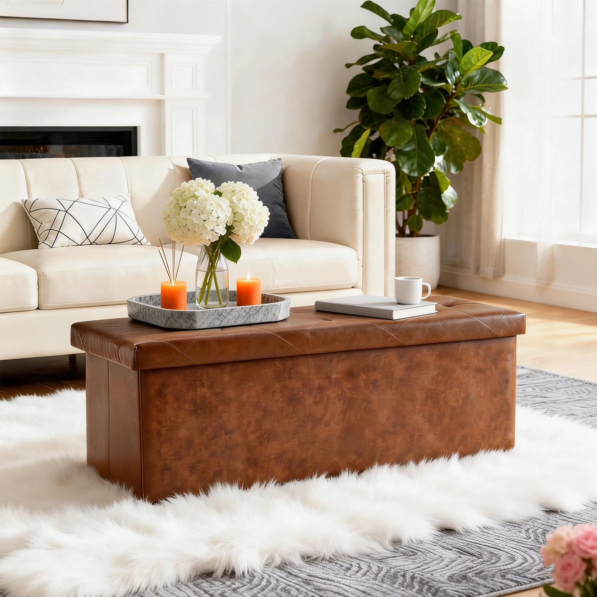 Tufted Faux Leather Folding Storage Bench 400 Pound Capacity