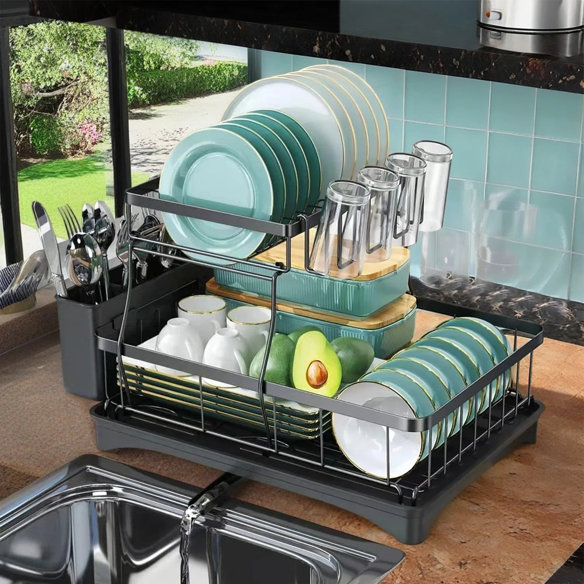 Two Tier Dish Drying Rack for Kitchen Countertops