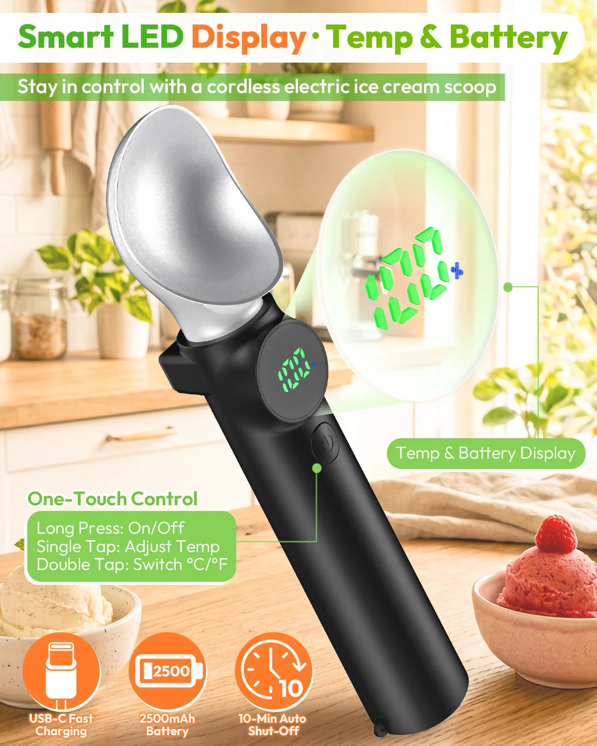 Rechargeable Heated Ice Cream Scoop With LED Display