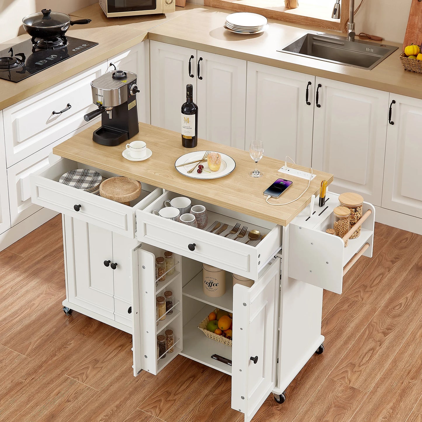 Wooden Rolling Kitchen Island With Drop Leaf Storage