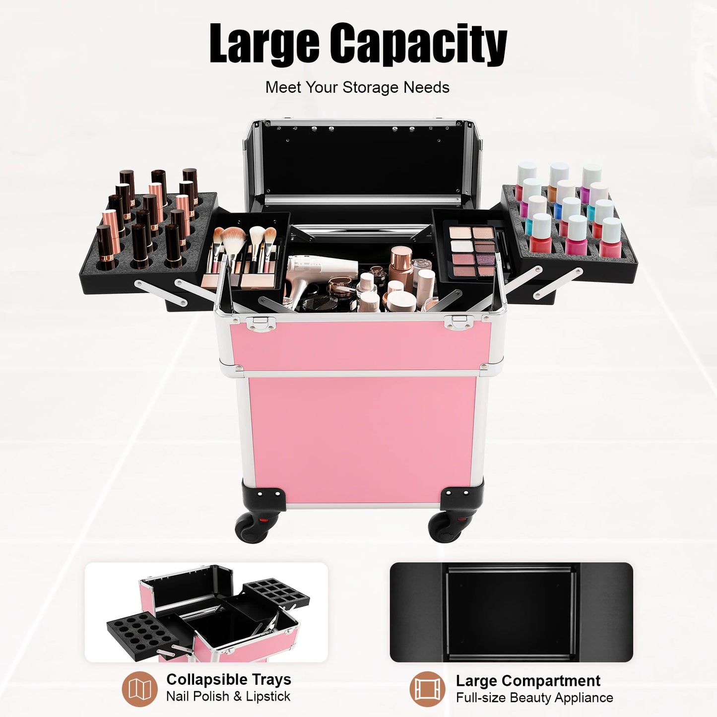 Bymaocar Large Capacity Rolling Makeup Train Case With Keys