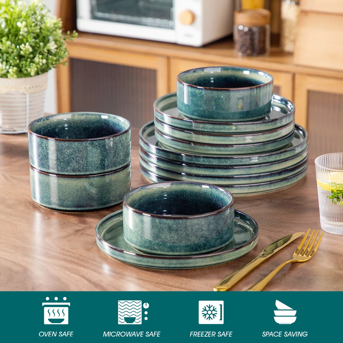 Malcasa Black Green Reactive Glaze Ceramic Dinnerware Set