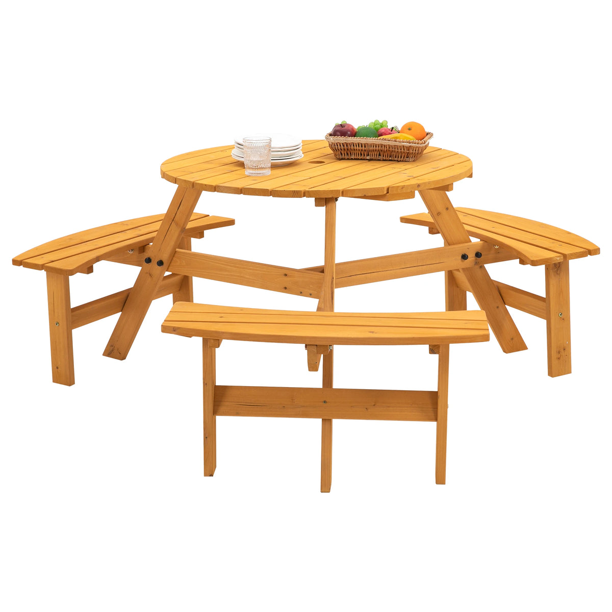 Round Outdoor Solid Wood Picnic Table With Benches