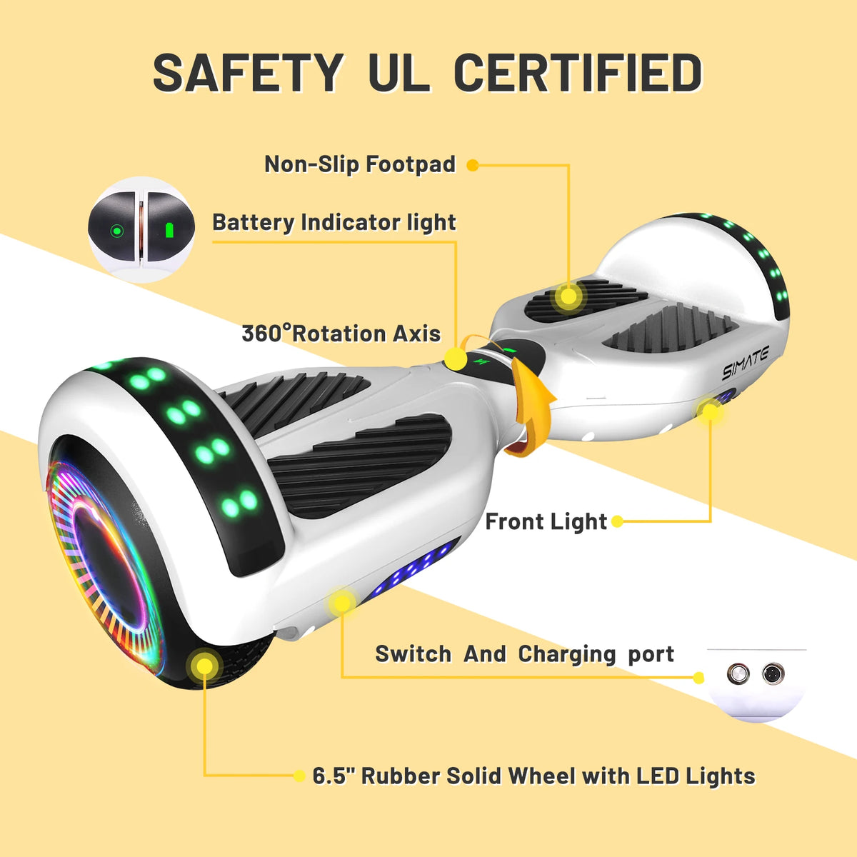 SIMATE Hoverboard With Bluetooth All Terrain LED Lights