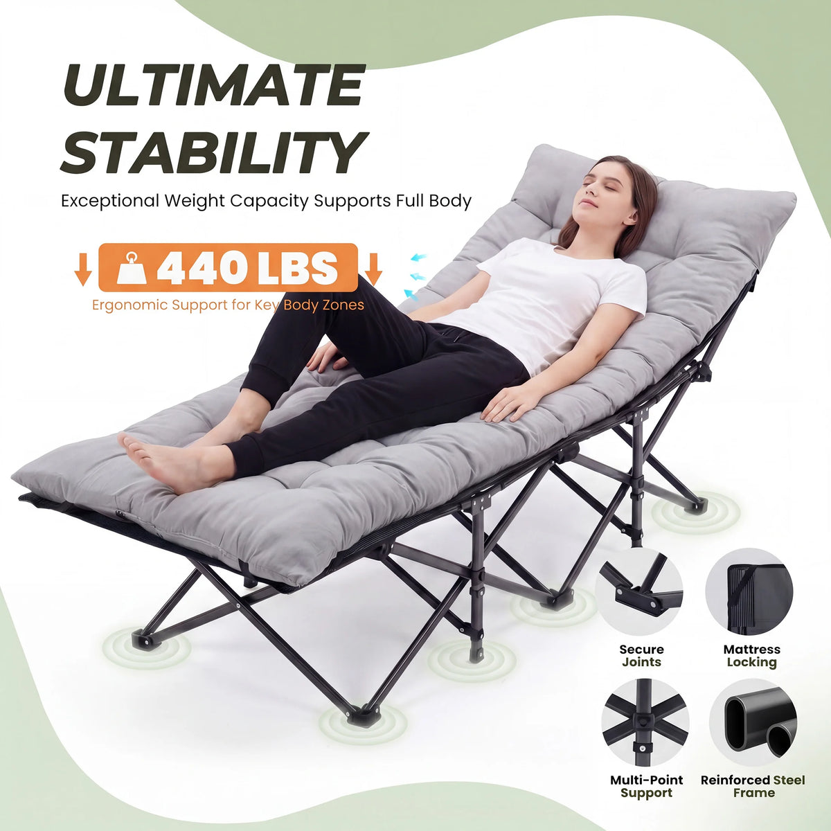 JHK Folding Camping Bed Lounge Chair Portable Outdoor Cot