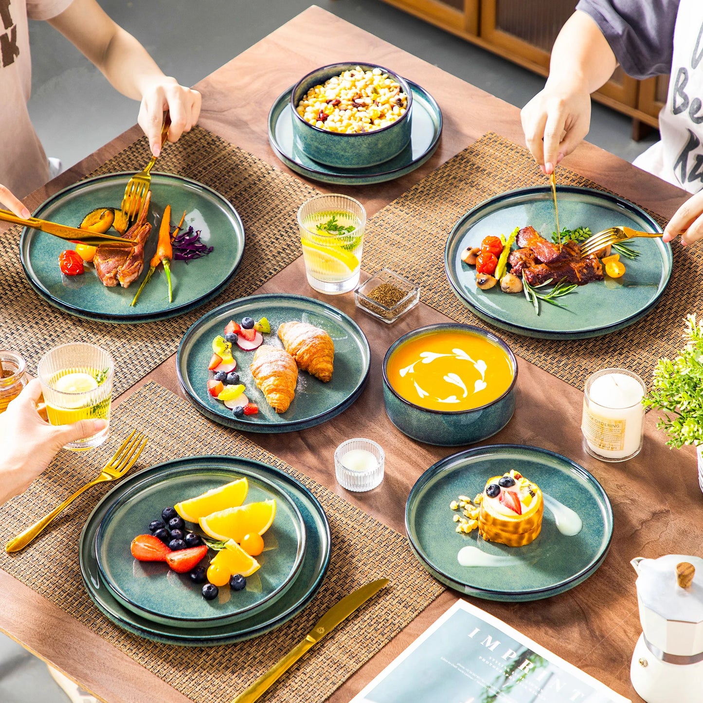 Malcasa Black Green Reactive Glaze Ceramic Dinnerware Set
