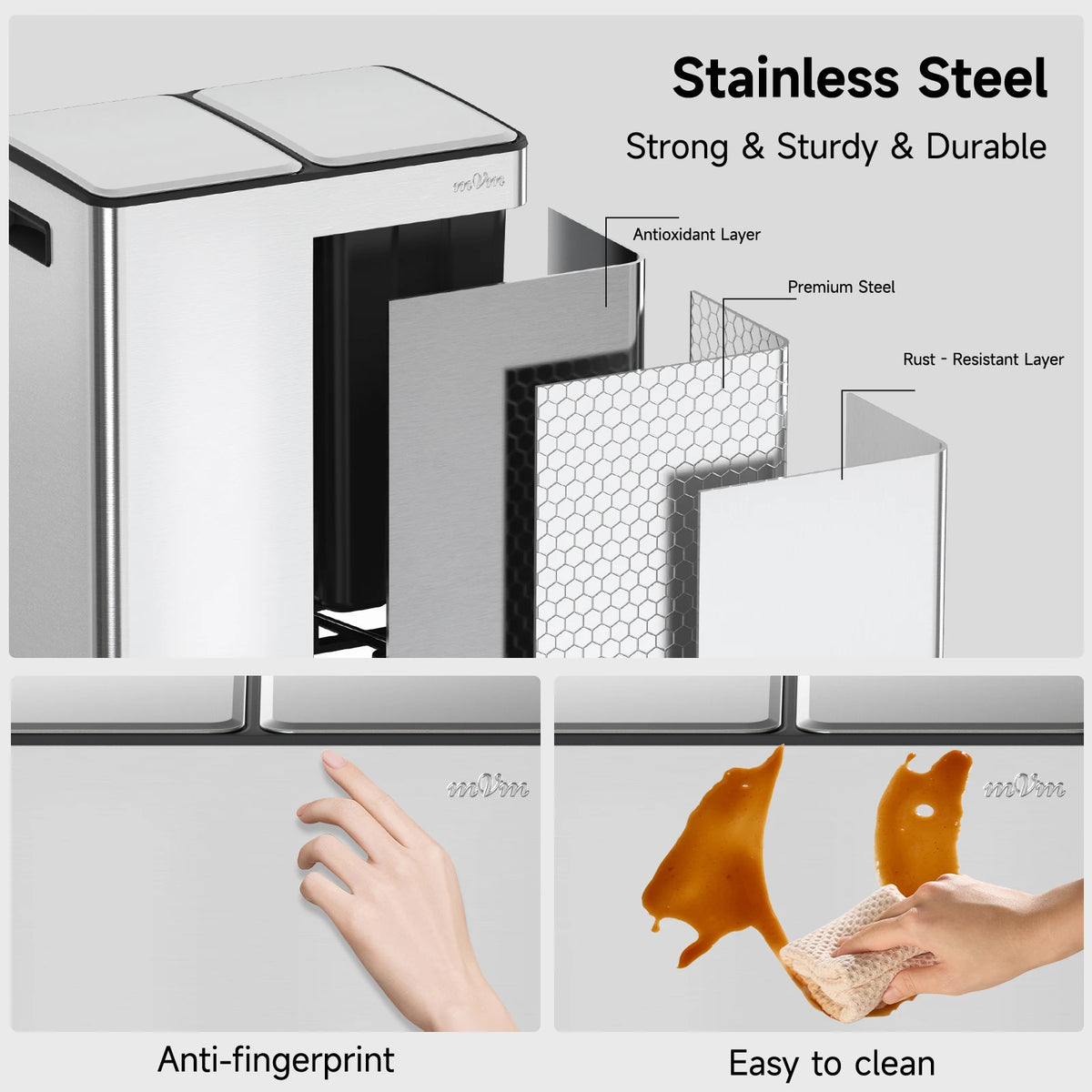 Mvm 60L Dual Lid Stainless Steel Trash Can