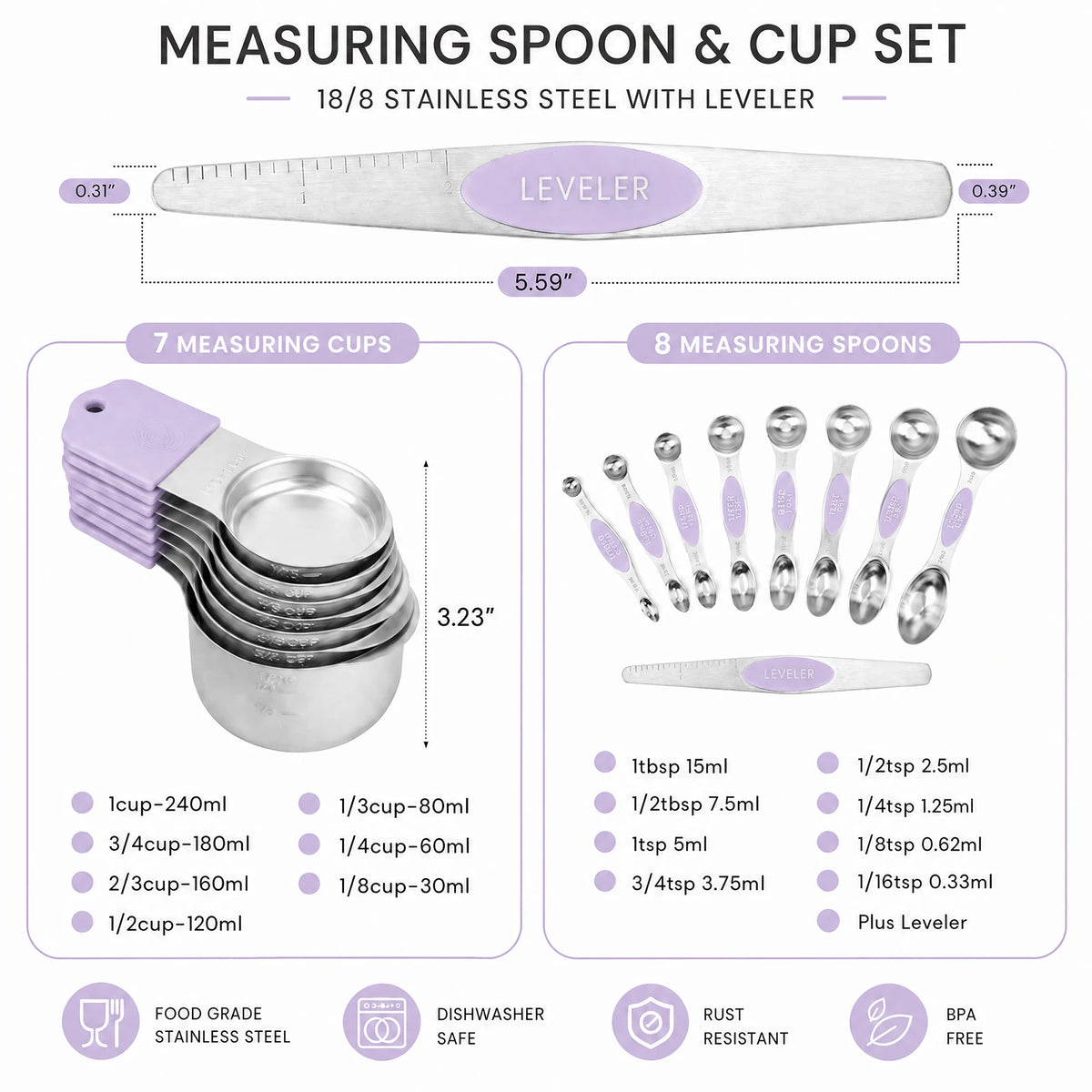 Stainless Steel Measuring Cups And Spoons Set With Leveler