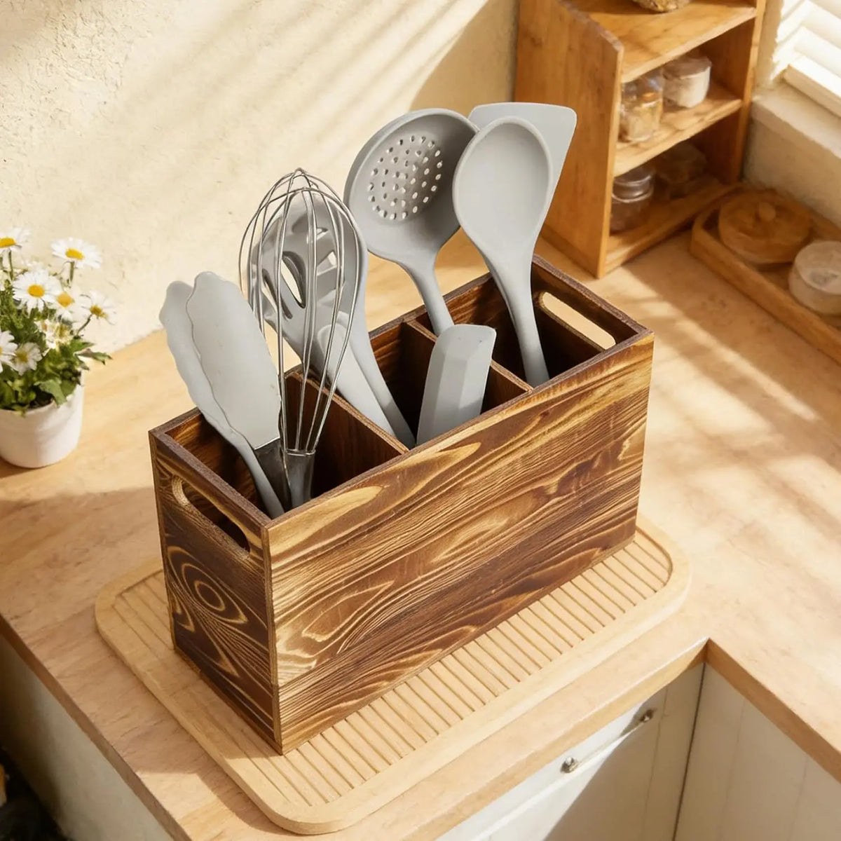 Garvee Rustic Pine Utensil Holder Caddy Three Compartment