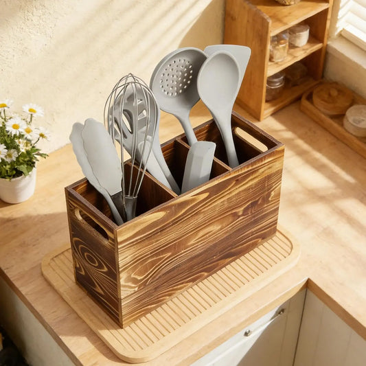 Garvee Rustic Pine Utensil Holder Caddy Three Compartment
