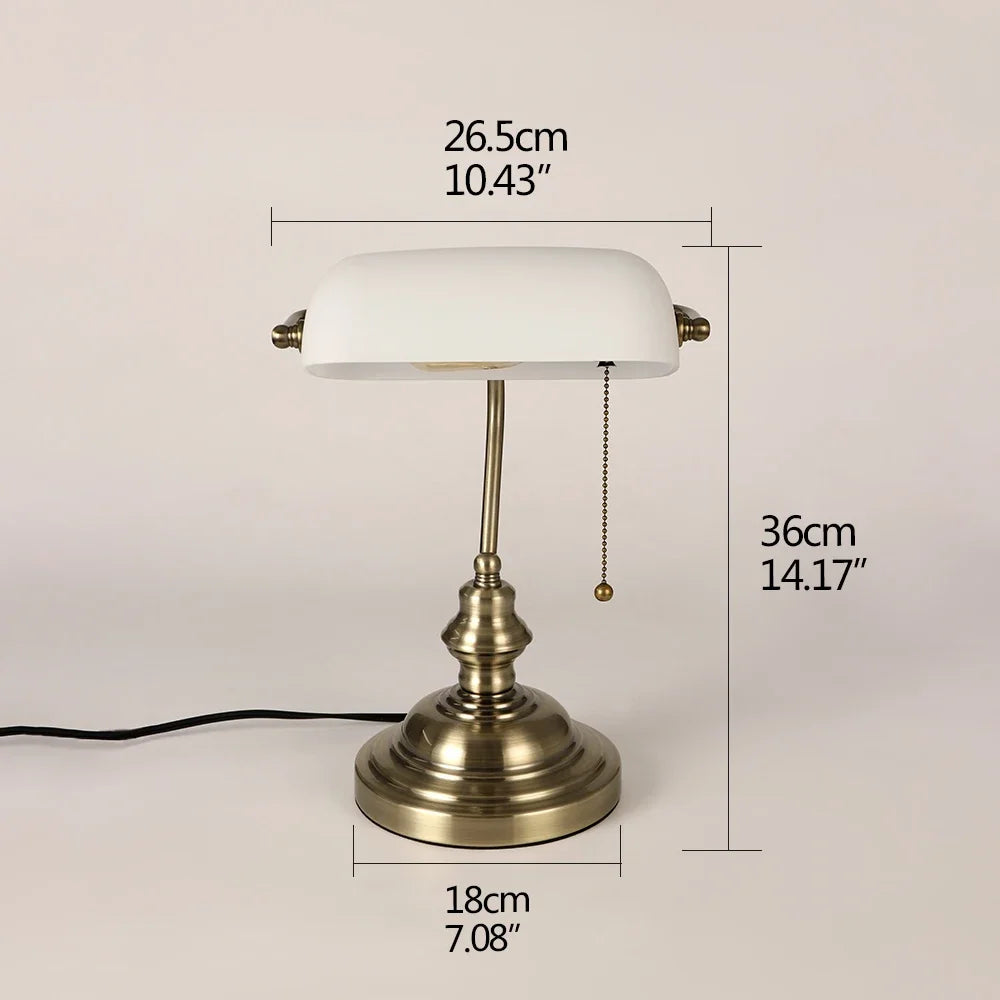 Classic Glass Iron Banker Desk Lamp With Zipper Switch