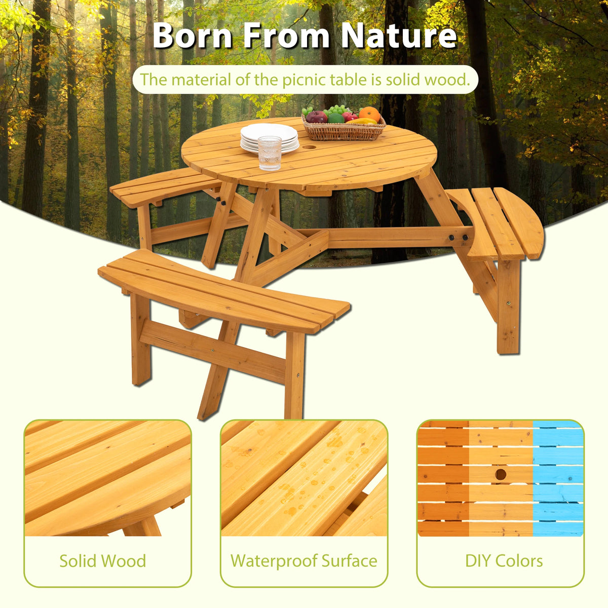 Round Outdoor Solid Wood Picnic Table With Benches