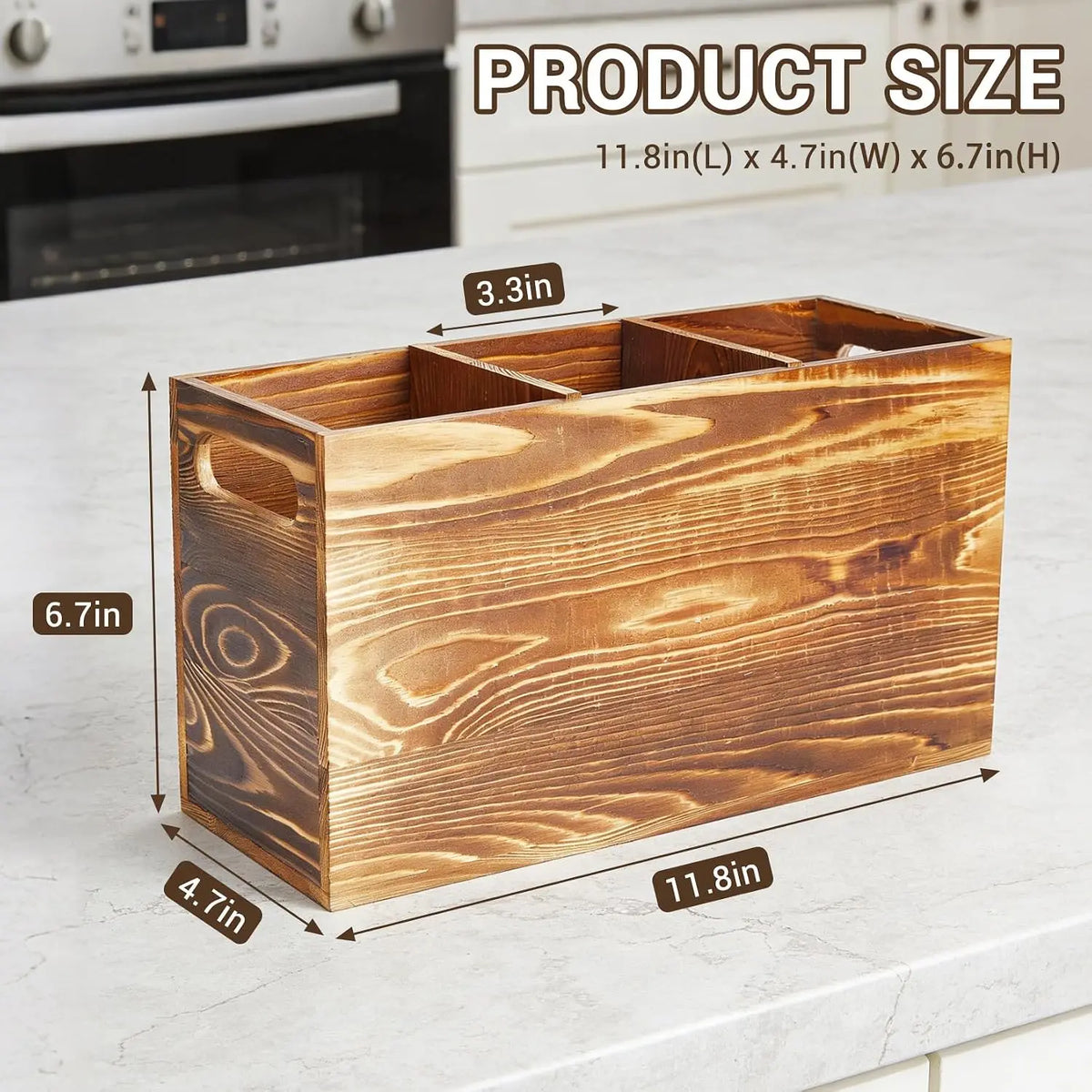 Garvee Rustic Pine Utensil Holder Caddy Three Compartment