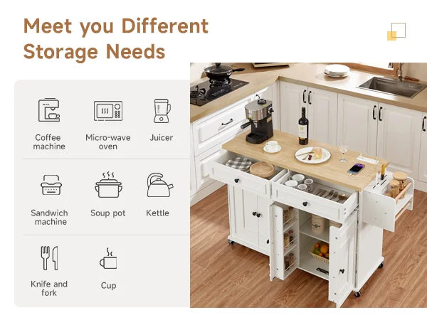 Wooden Rolling Kitchen Island With Drop Leaf Storage