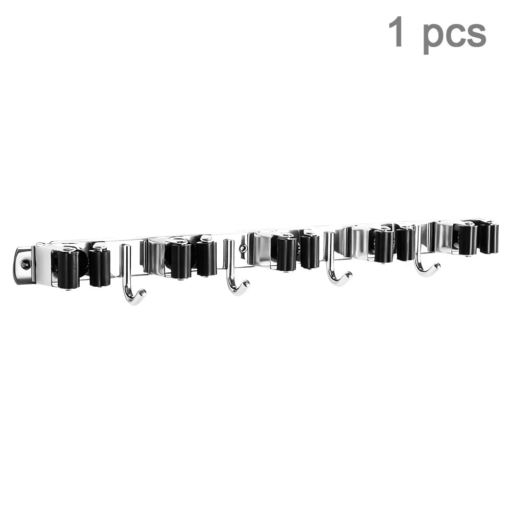 Stainless Steel 4 Hook Wall Mount Broom Mop Organizer Rack