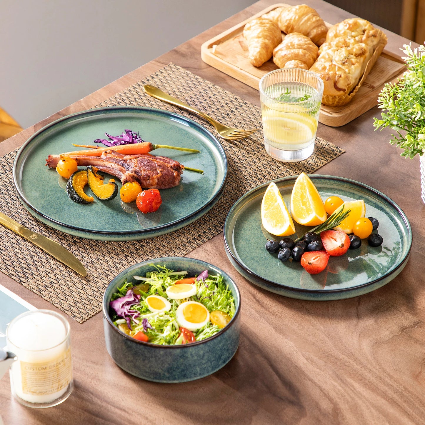 Malcasa Black Green Reactive Glaze Ceramic Dinnerware Set