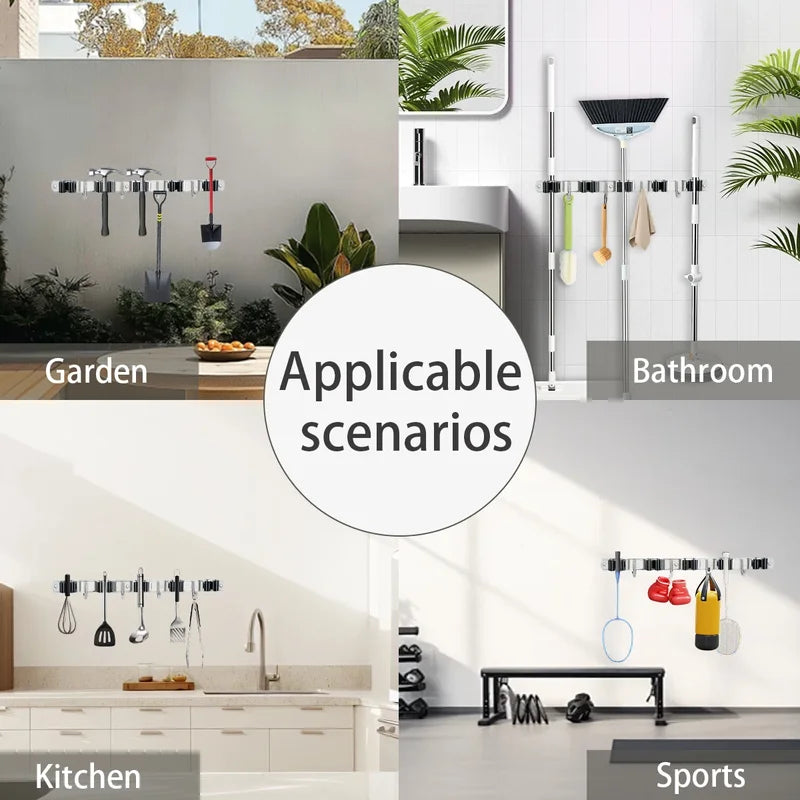 Stainless Steel 4 Hook Wall Mount Broom Mop Organizer Rack