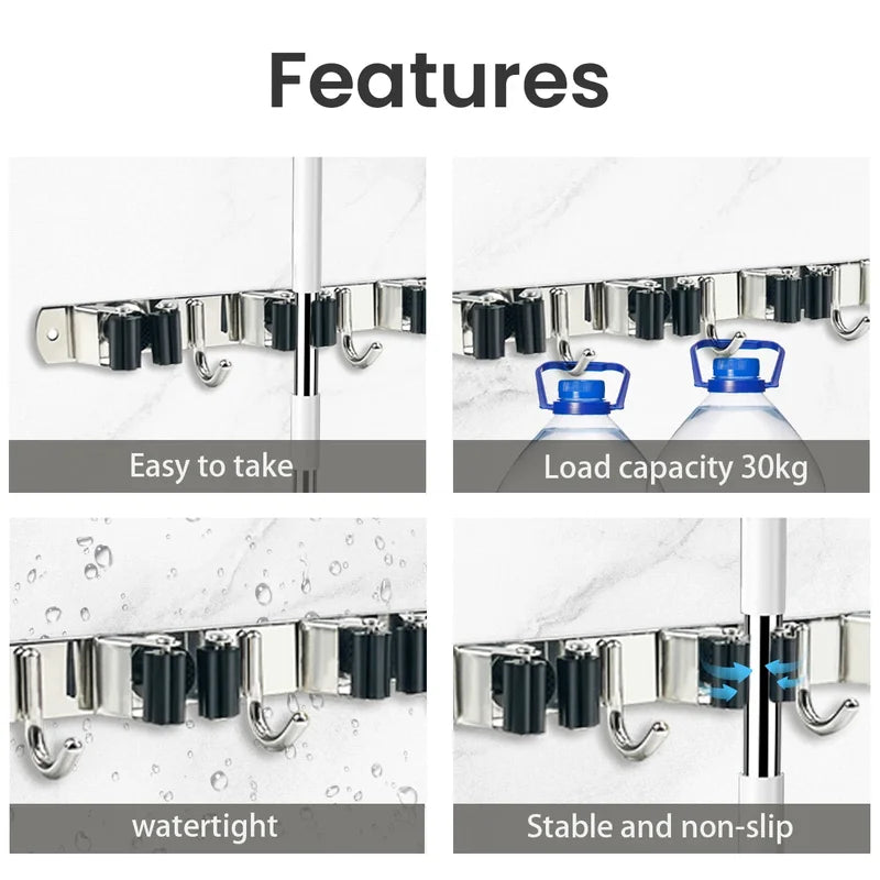 Stainless Steel 4 Hook Wall Mount Broom Mop Organizer Rack