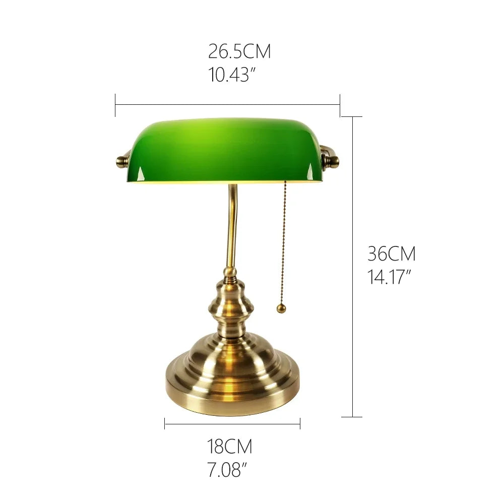 Classic Glass Iron Banker Desk Lamp With Zipper Switch