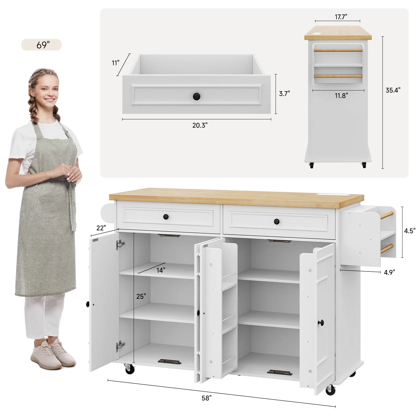 Wooden Rolling Kitchen Island With Drop Leaf Storage