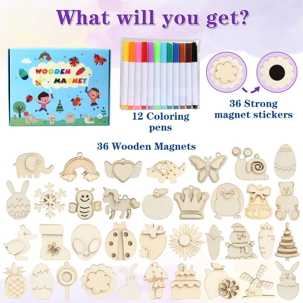 Worgree DIY Wooden Magnets Craft Kit 36 Pieces