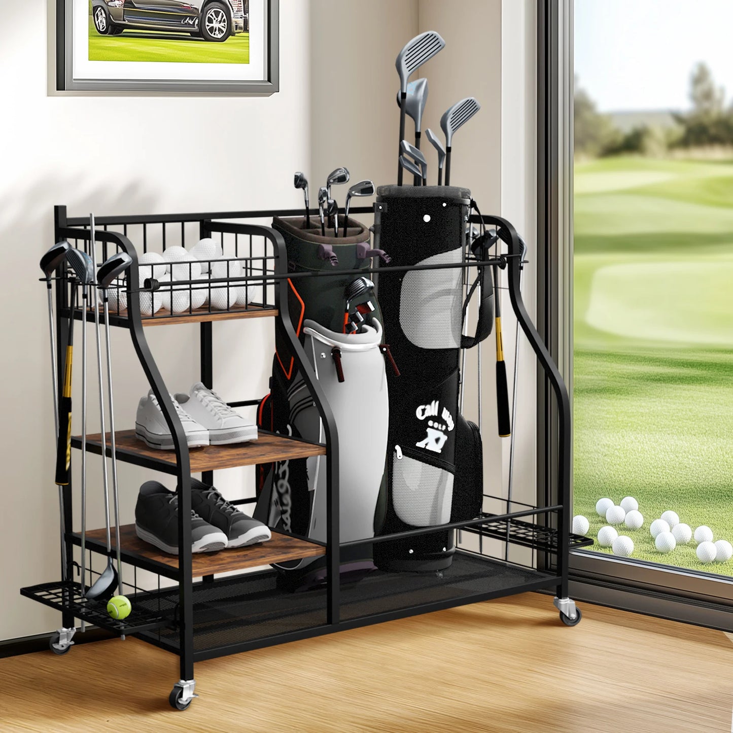 Three Tier Metal Rolling Golf Bag Organizer Rack