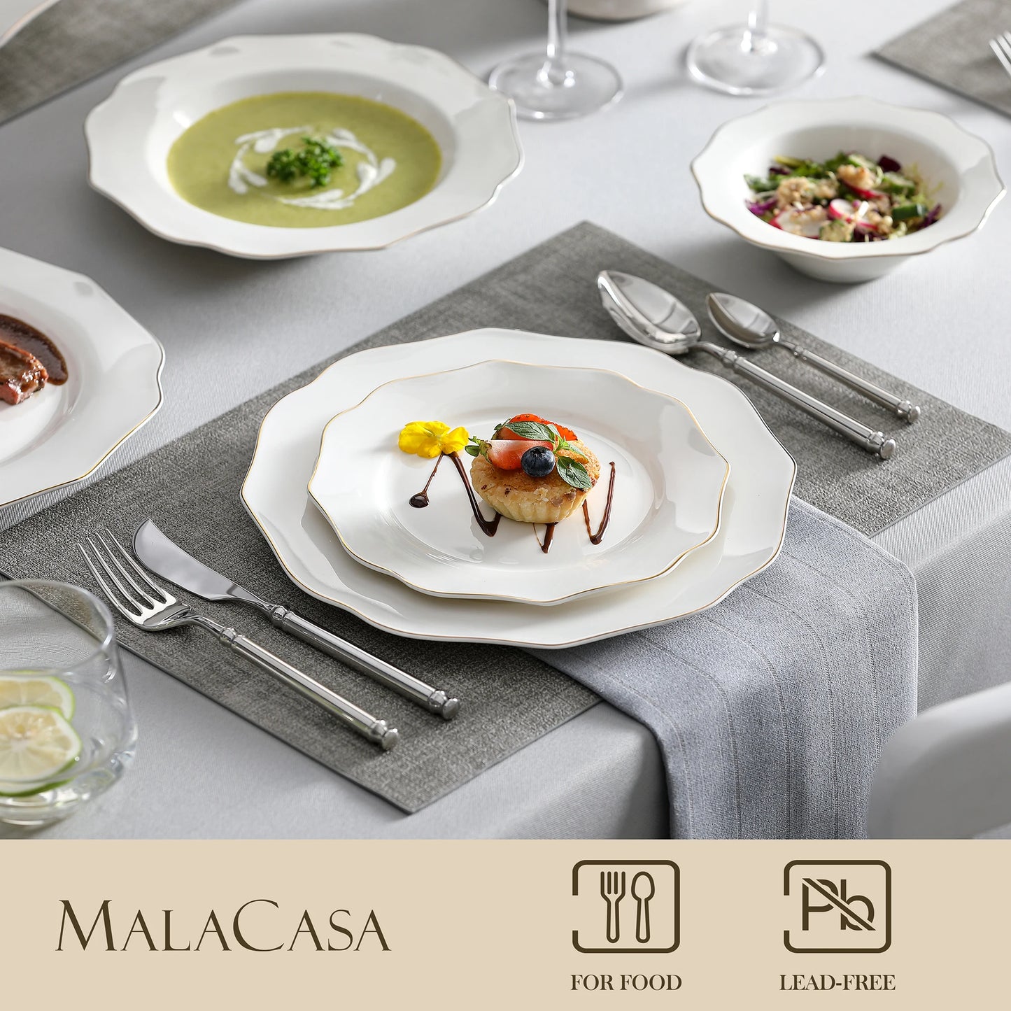 Malacasa Nordic White Gold Rim Porcelain Dinnerware Set