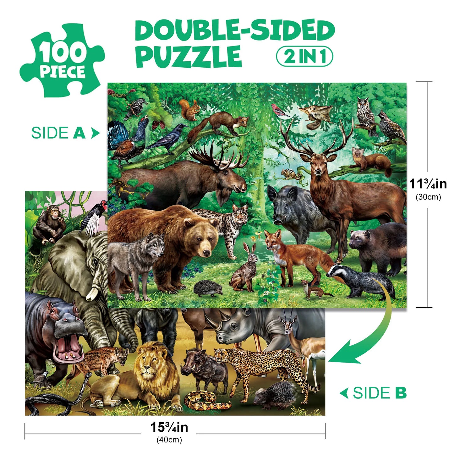 Wild Animals Double Sided 100 Piece Learning Jigsaw Puzzle
