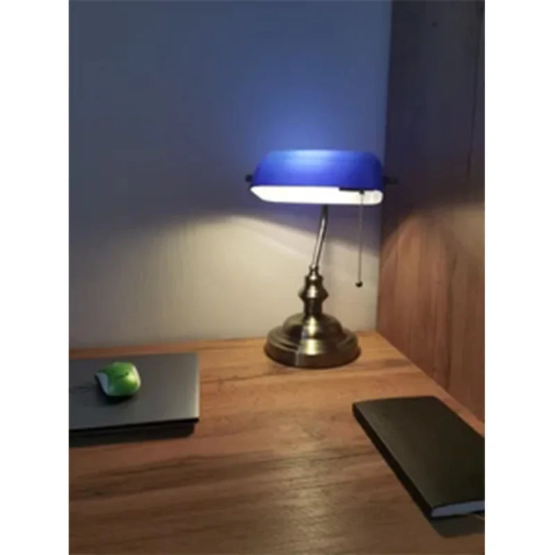 Classic Glass Iron Banker Desk Lamp With Zipper Switch
