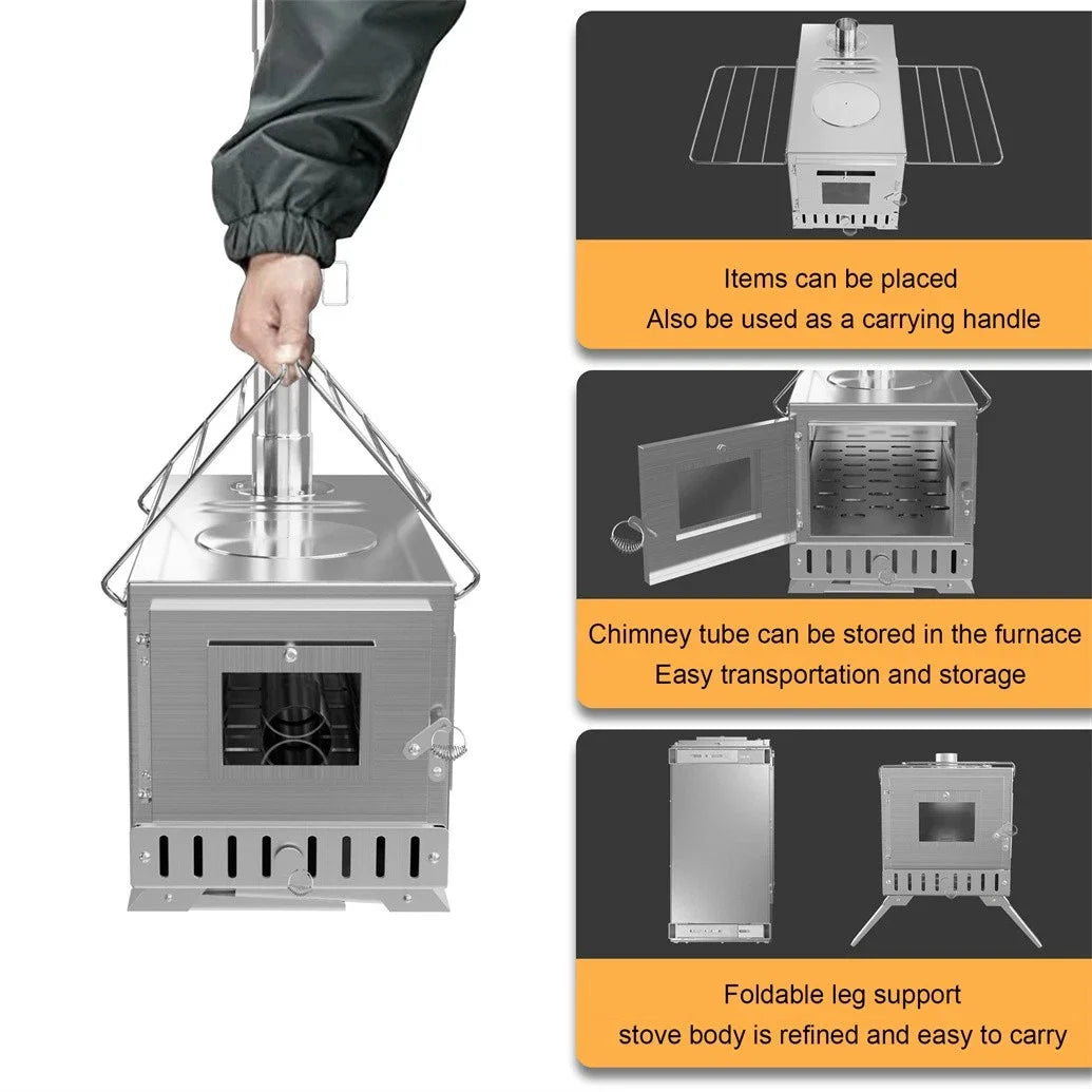 Wood Burning Tent Stove With Six Stainless Chimney Pipes