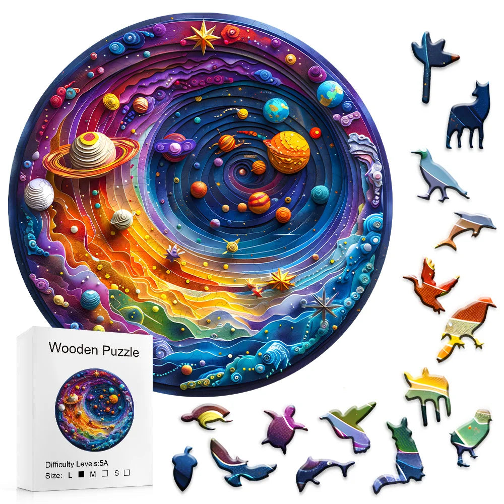 Round Wooden Galaxy Jigsaw Puzzle With Whimsical Animals