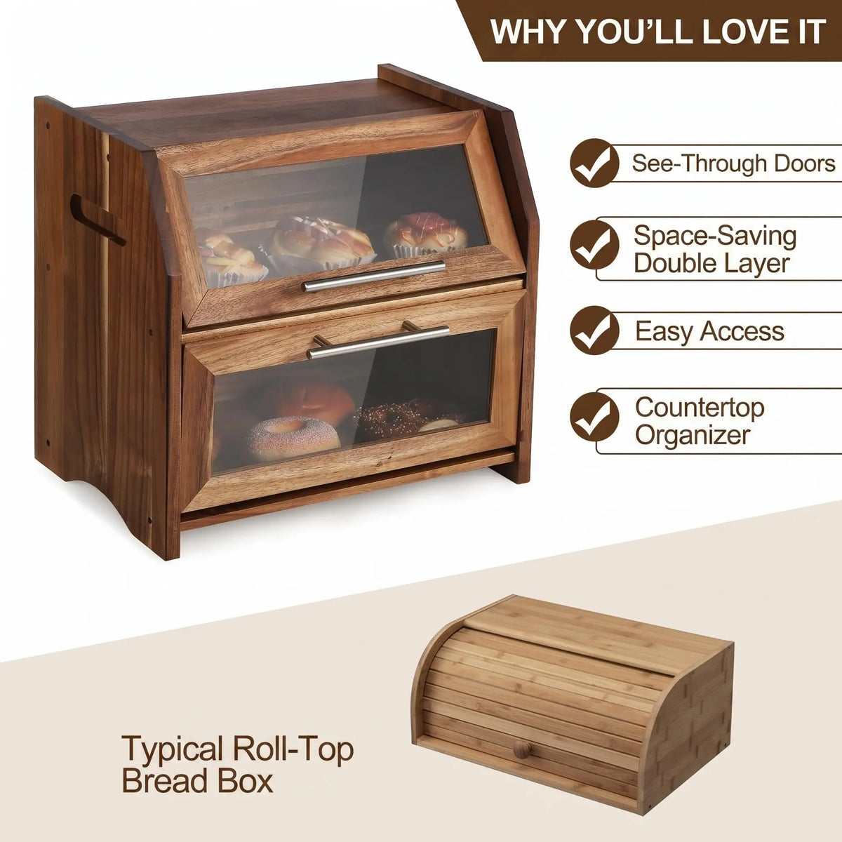 HiMISS Acacia Wood Double Layer Bread Box
