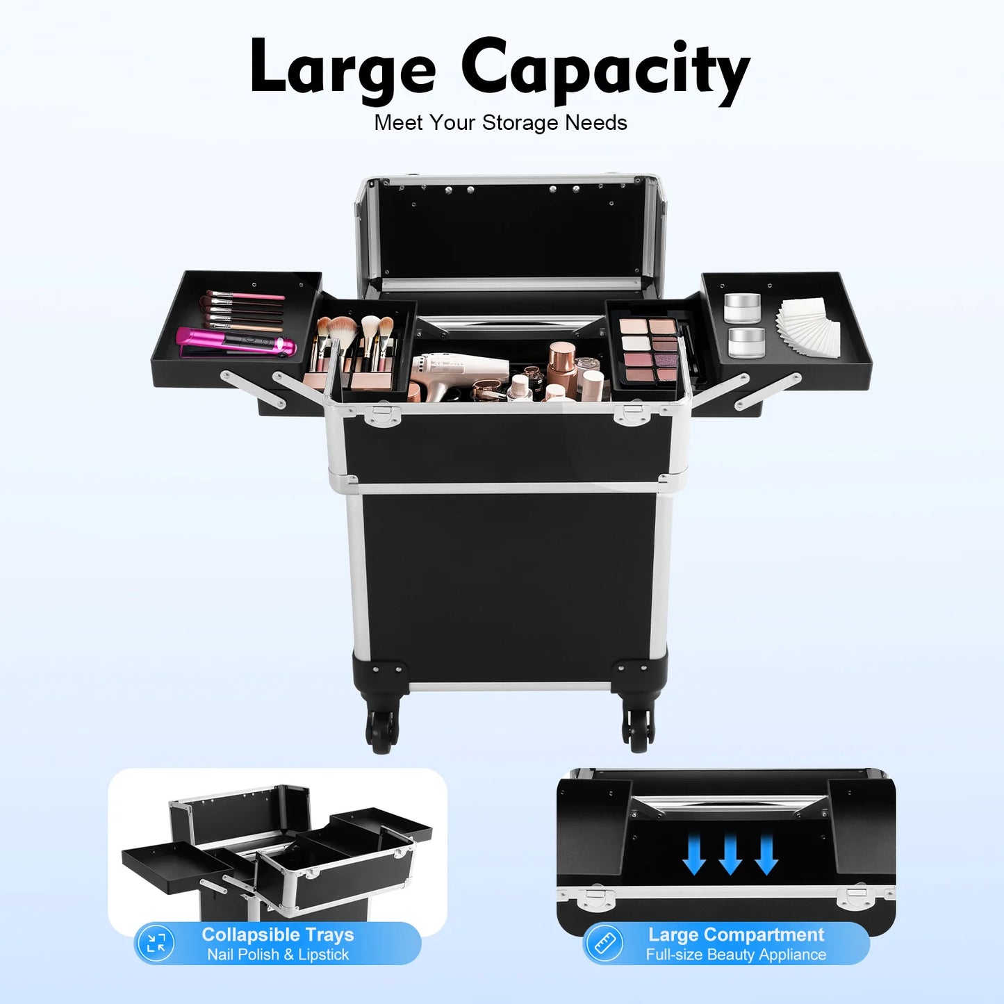 Bymaocar Large Capacity Rolling Makeup Train Case With Keys