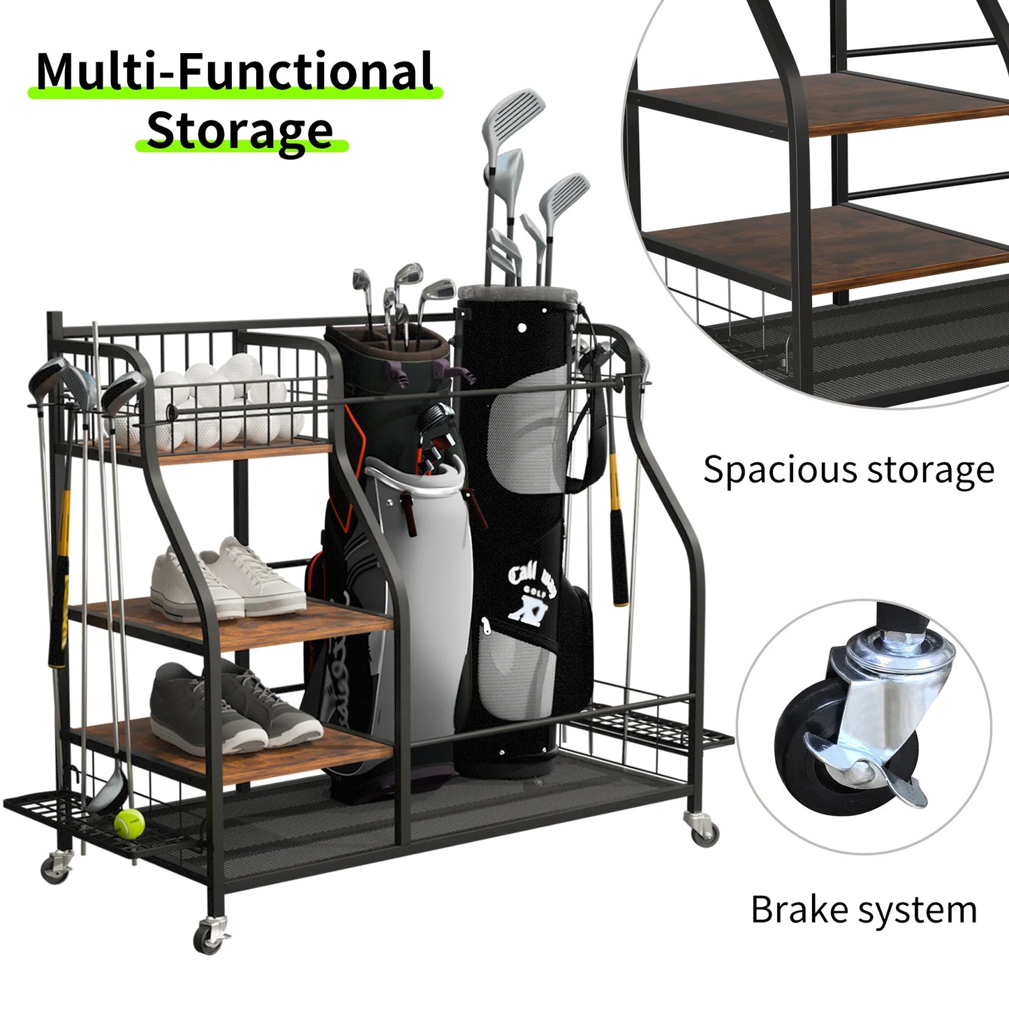 Three Tier Metal Rolling Golf Bag Organizer Rack