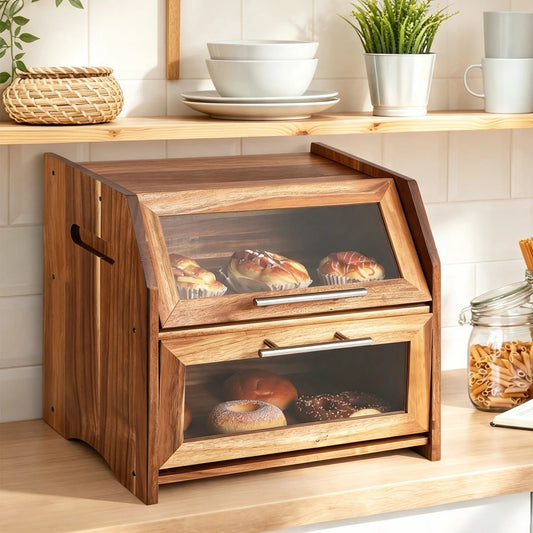 HiMISS Acacia Wood Double Layer Bread Box