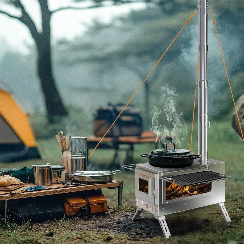 Wood Burning Tent Stove With Six Stainless Chimney Pipes