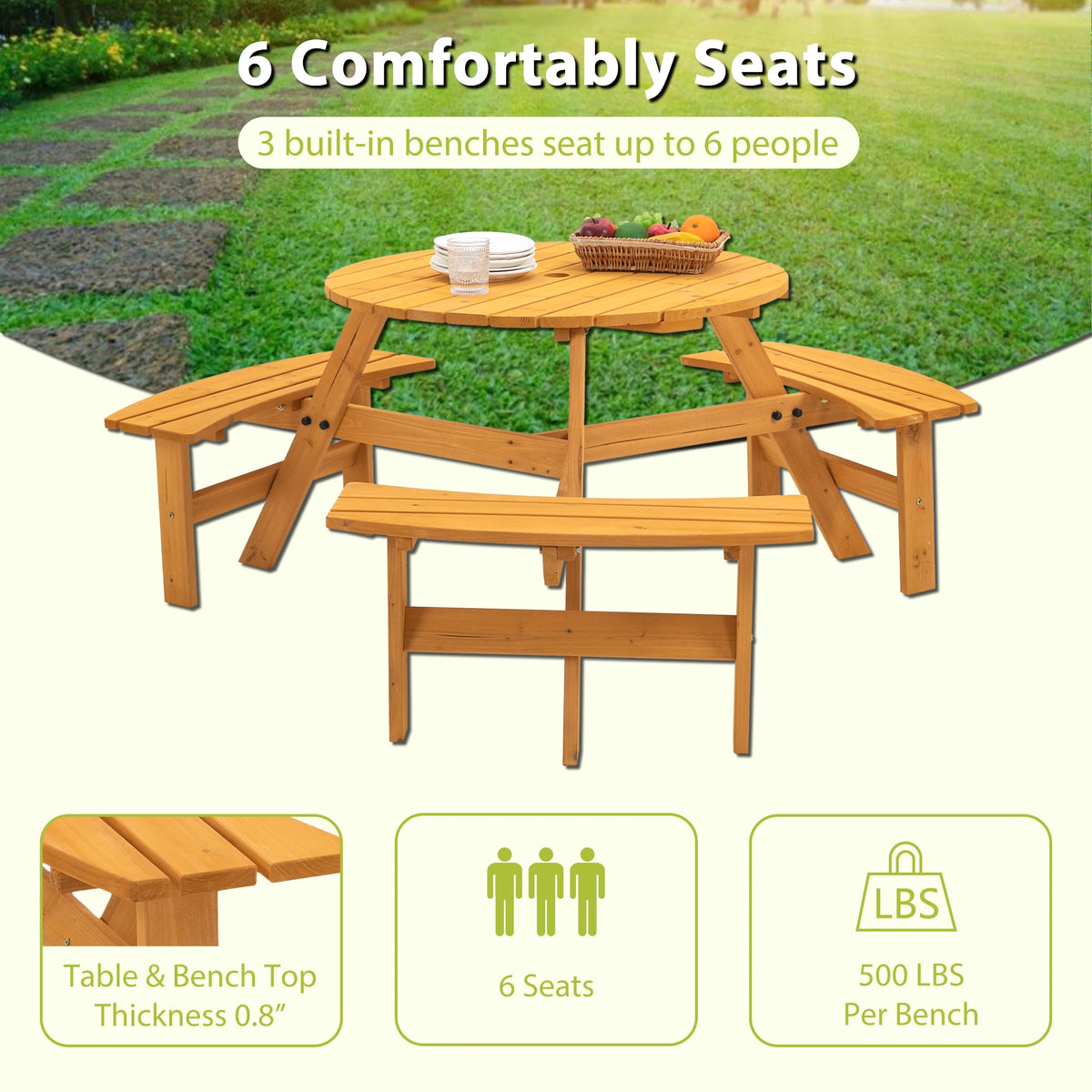 Round Outdoor Solid Wood Picnic Table With Benches
