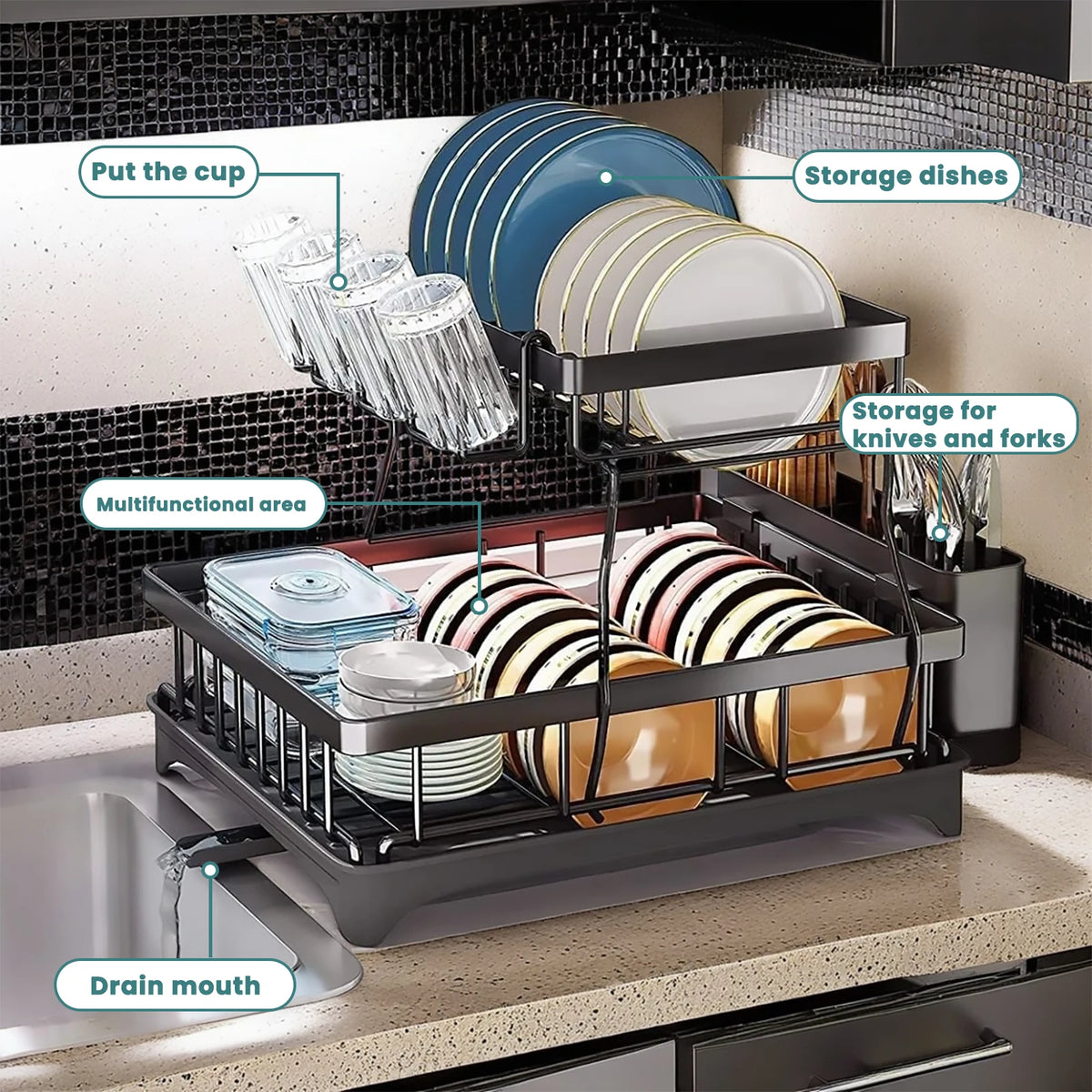 Two Tier Dish Drying Rack for Kitchen Countertops